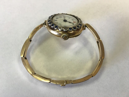 Ladies Vintage Victorian 14K Yellow Gold Diamond Sapphire Watch Adjusting Band