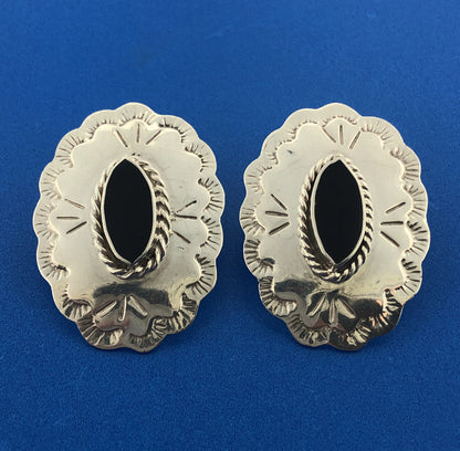 Taxco Mexico JMA TM-212 925 Sterling Silver Black Onyx Concho Stud Earrings