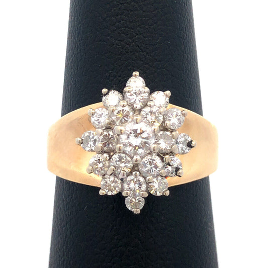 Classic 14K Yellow Gold Diamond Starburst Flower Cluster Cocktail Ring