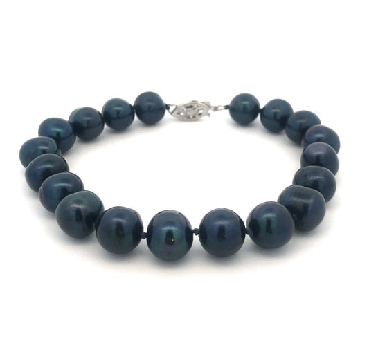 Gorgeous 14k White Gold Black Pearl 7.5" Strand String Bracelet