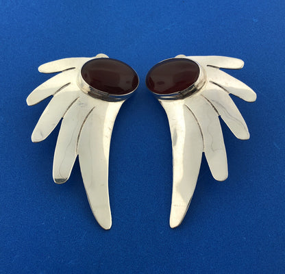 Allen Paula Boyd Sterling Silver 925 Cabochon Carnelian Winged Clip-On Earrings