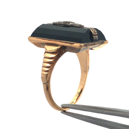 Art Nouveau Art Deco 10K Yellow Gold Diamond Black Onyx Statement Cocktail Ring