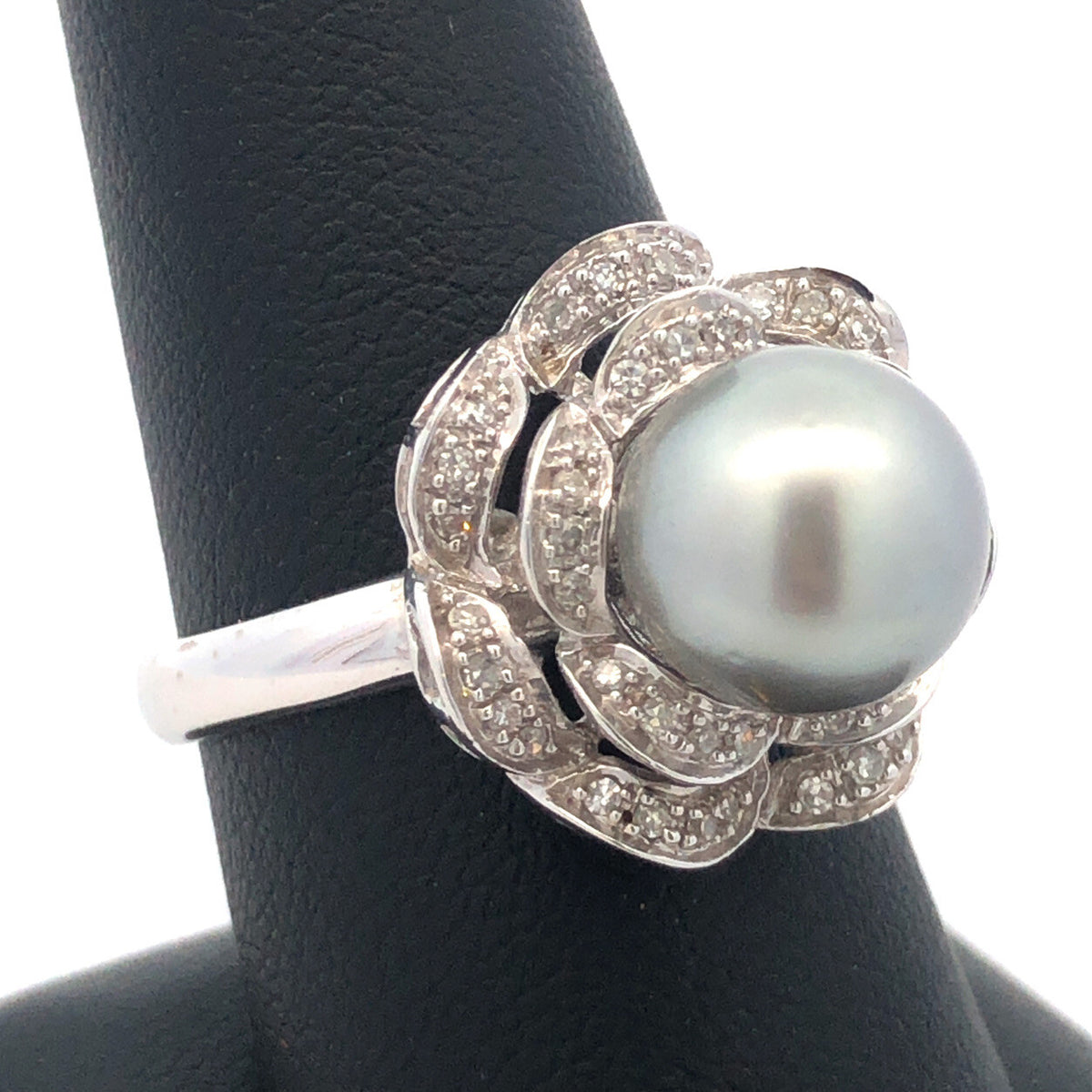 Designer 14K White Gold Tahitian Pearl Diamond Statement Cocktail Ring