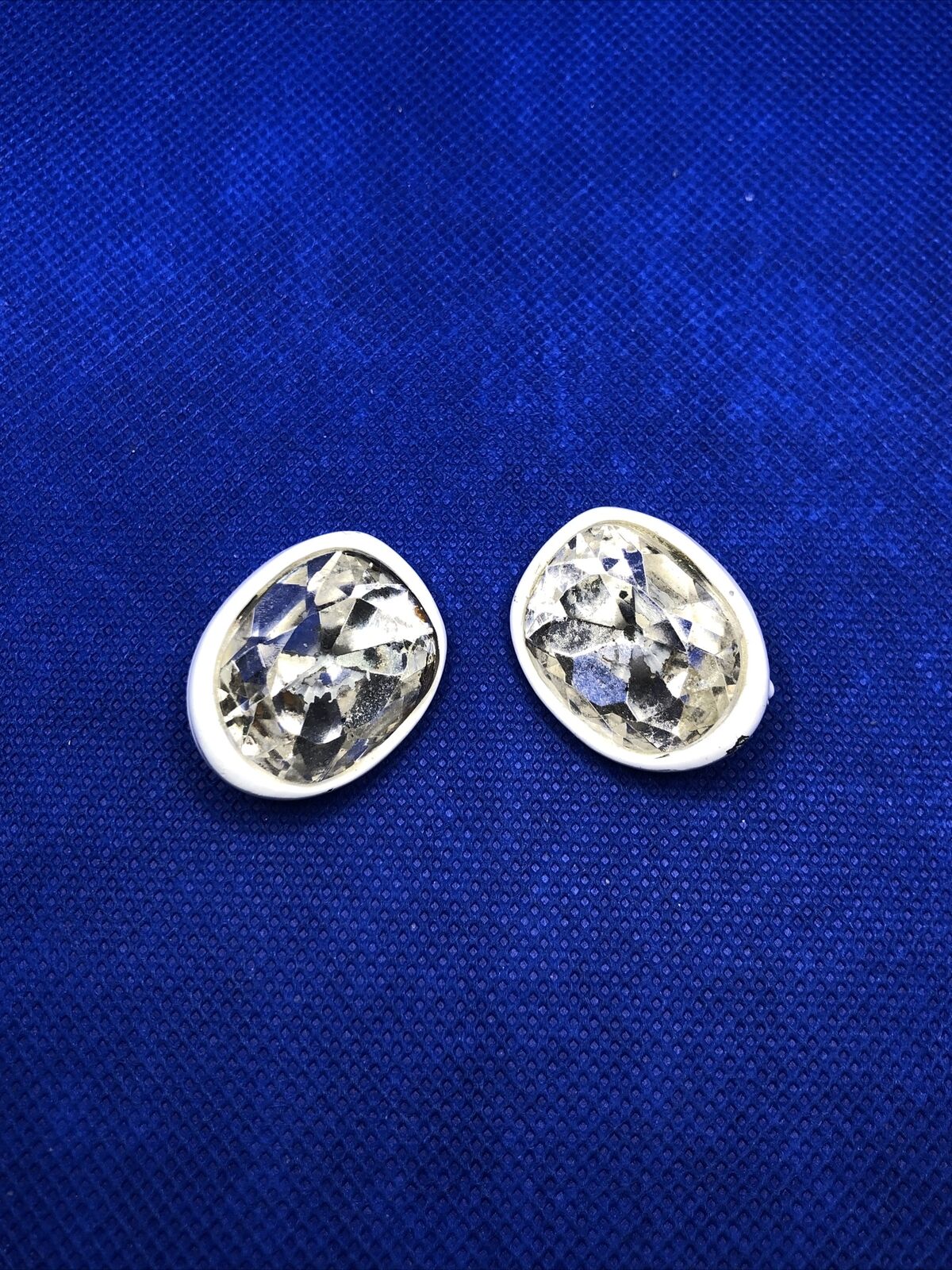 Kenneth Jay Lane White Metal Oval Faceted Crystal Statement Clip On Earrings