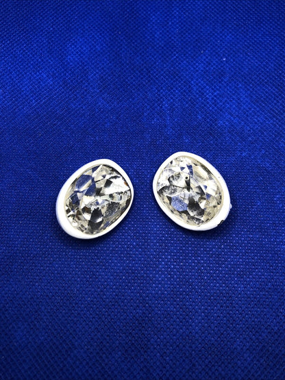 Kenneth Jay Lane White Metal Oval Faceted Crystal Statement Clip On Earrings