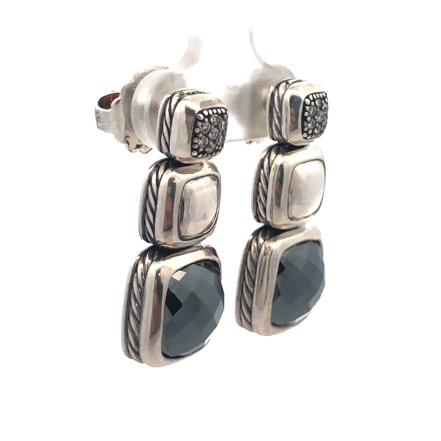 David Yurman 925 Sterling Silver Albion Cushion Cut Hematite Diamond Earrings