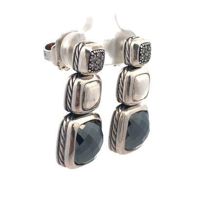 David Yurman 925 Sterling Silver Albion Cushion Cut Hematite Diamond Earrings