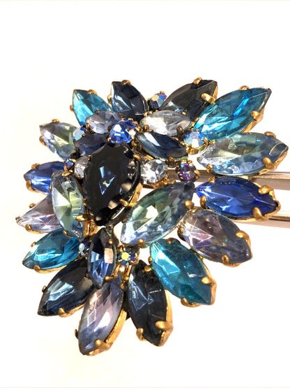 Vintage West Germany Blue Rhinestone Gold Tone Statement Earrings & Brooch Set