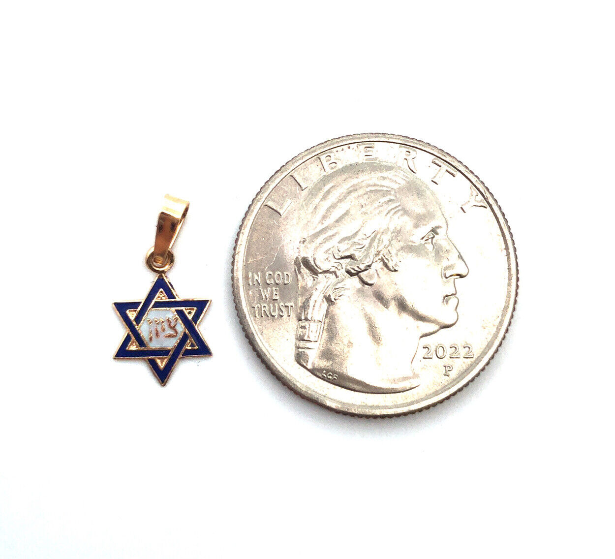 Designer 14K Yellow Gold Blue White Enamel 6-Point Star of David Hebrew Pendant