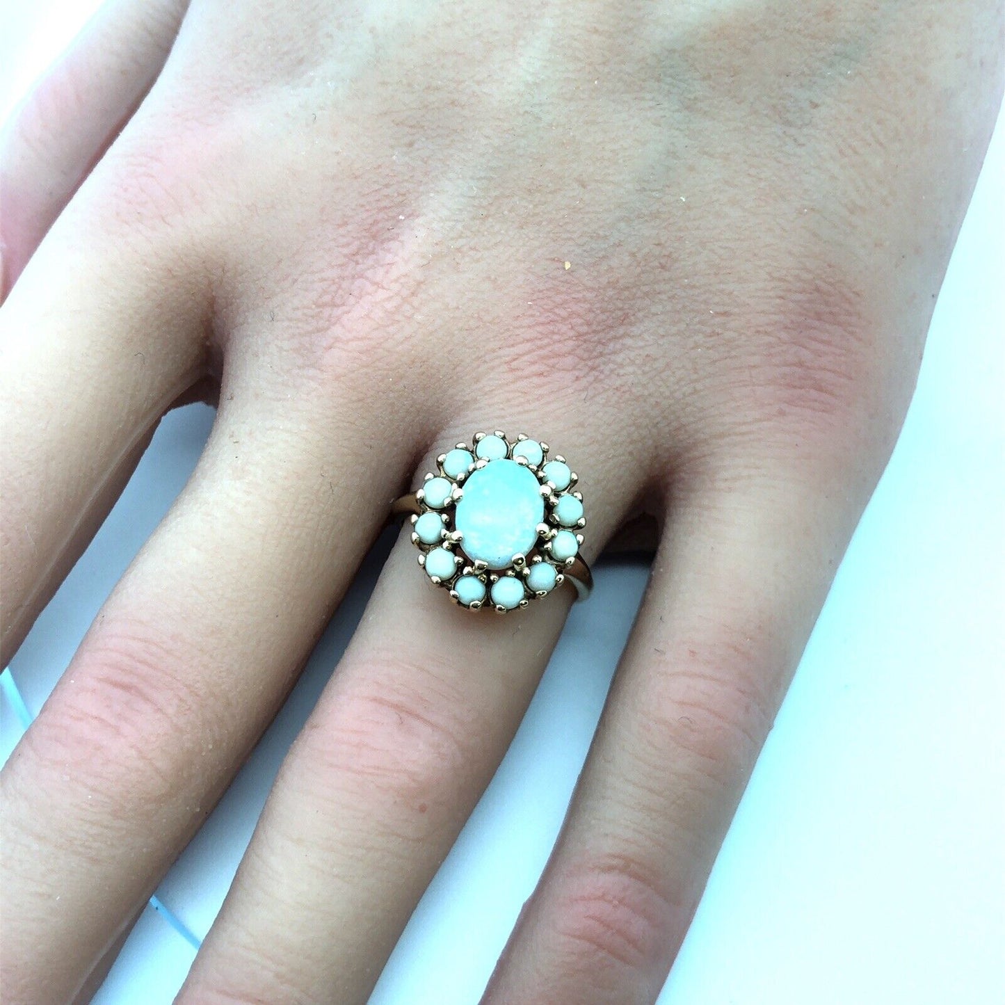 Designer 10K Yellow Gold Oval Opal Cluster Halo Statement Cocktail Ring