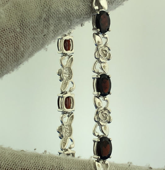 Designer 925 Sterling Silver Oval Garnet Flower Station January Tennis Bracelet