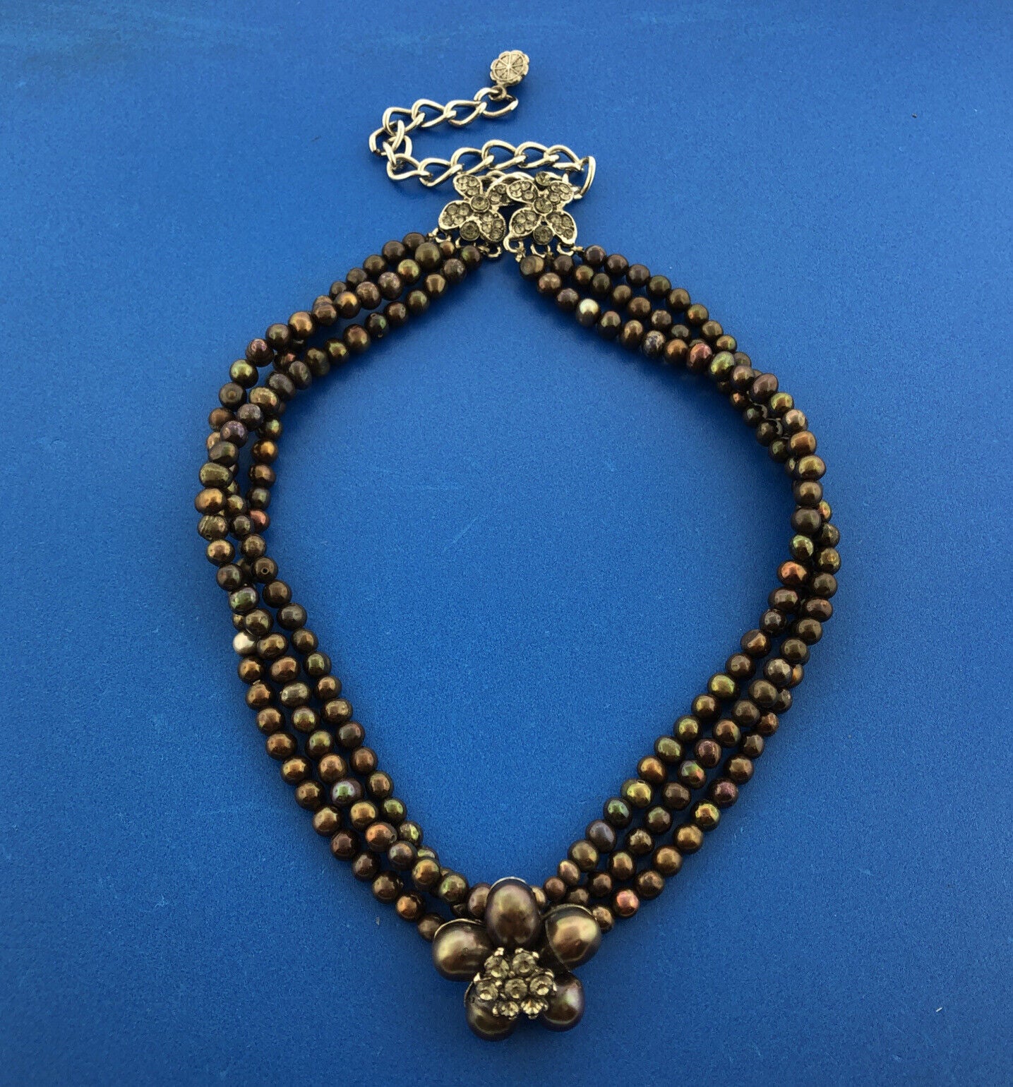 Siman Tu Haute Couture Black Pearl Crystal Triple Strand 12.5"-16" Necklace