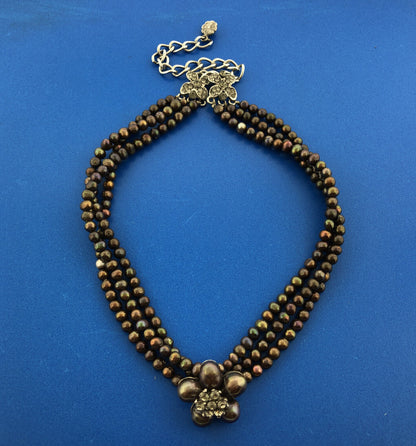 Siman Tu Haute Couture Black Pearl Crystal Triple Strand 12.5"-16" Necklace