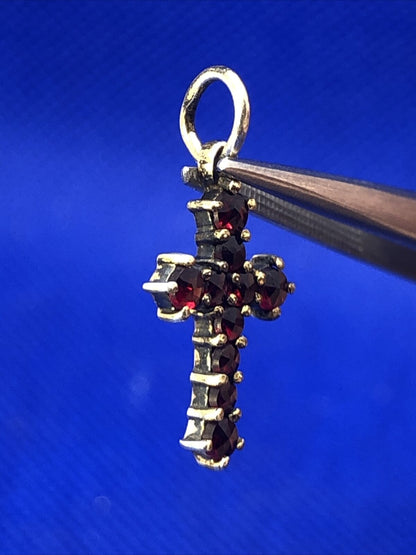 Estate 900 Silver Round Red Garnet Religious Cross Pendant