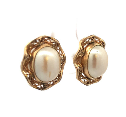 Estate 14K Yellow Gold Filled Oval Pearl Filigree Halo Birds Nest Stud Earrings