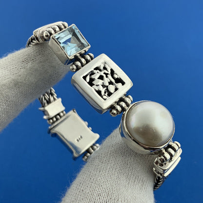 Retro Sterling Silver Mabe Pearl Blue Topaz Balinese Style Statement Bracelet