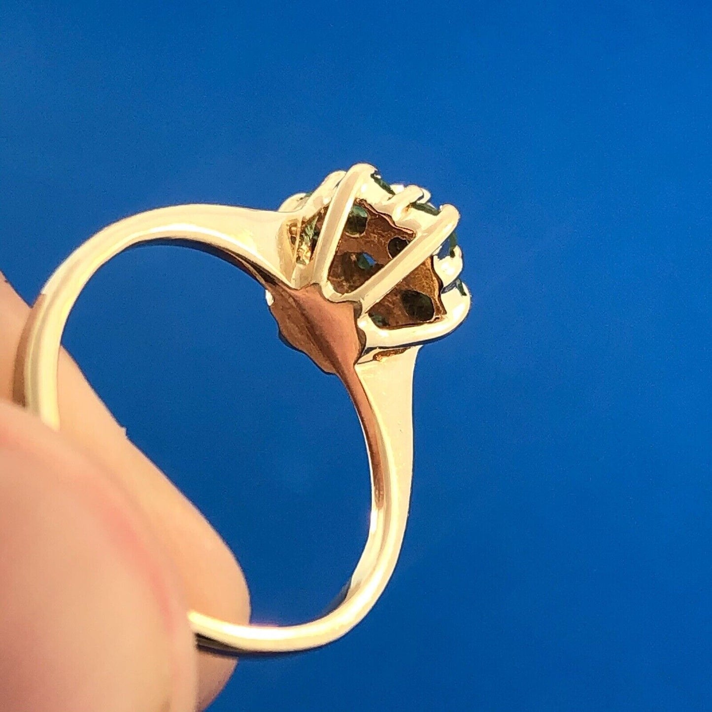 Vintage 14K Yellow Gold Designer Emerald Diamond Cluster May Anniversary Ring