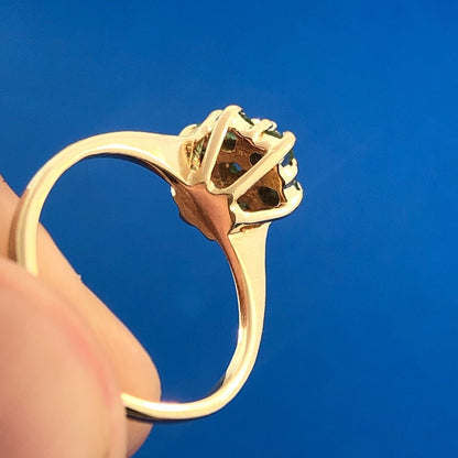 Vintage 14K Yellow Gold Designer Emerald Diamond Cluster May Anniversary Ring