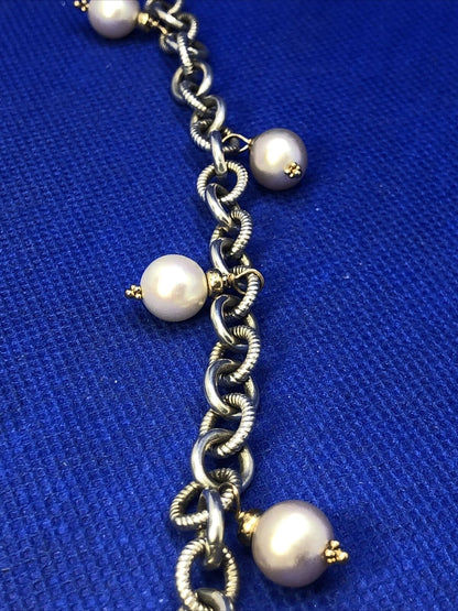 Estate 925 Sterling Silver 14K Gold Accented Pearl Charm Toggle Bracelet