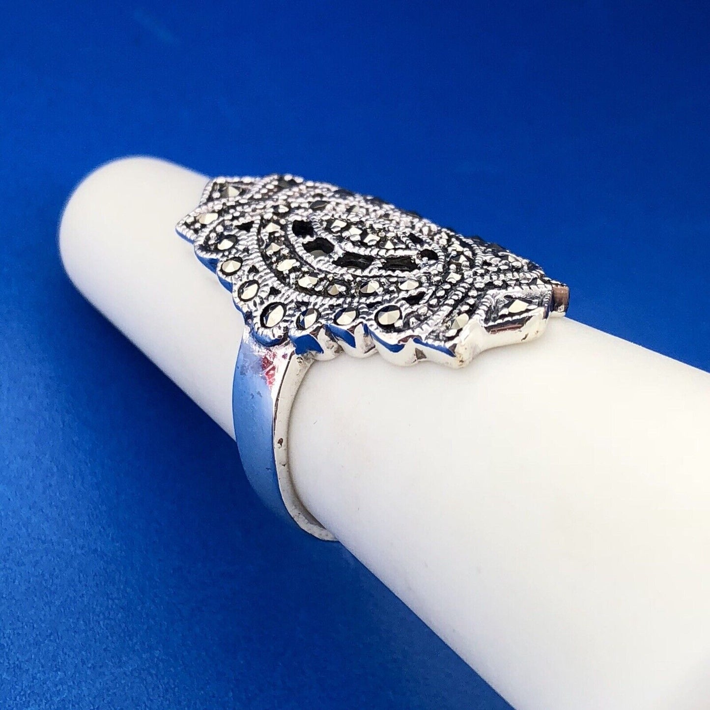 Retro 925 Sterling Silver Marcasite Filigree Scroll Statement Cocktail Ring