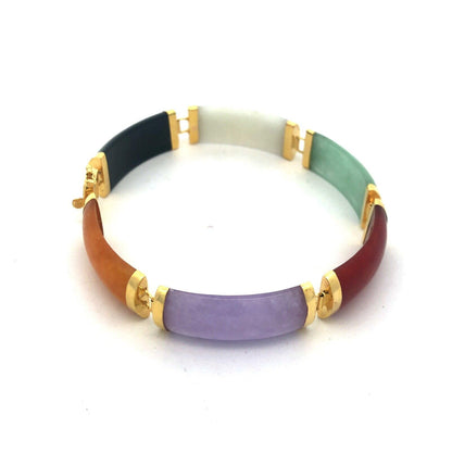Estate 14K Yellow Gold Multi Gemstone Panel Chinese Good Luck Fortune Bracelet