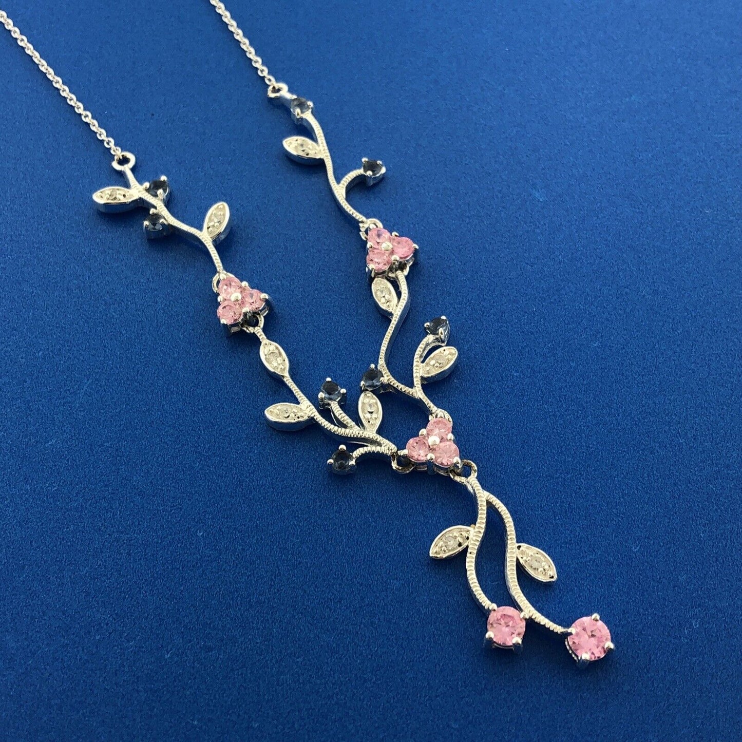 Exquisite Sterling Silver 925 Blue Pink White CZ Floral Scroll Drop Necklace