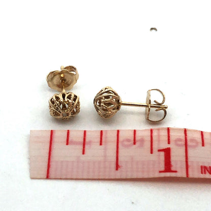 Estate 14K Yellow Gold Textured Open Work Dome Ball Stud Earrings