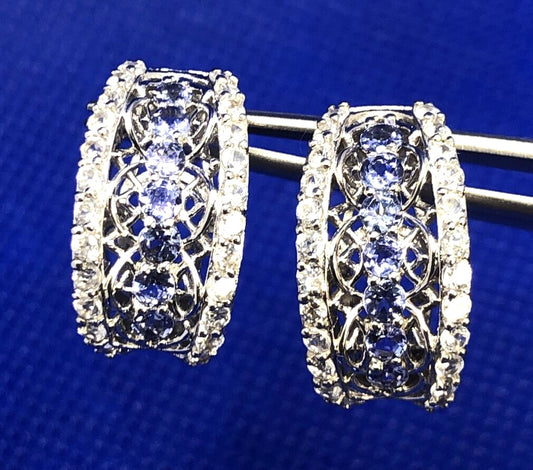 Designer 925 Sterling Silver Tanzanite & White Topaz Shrimp Style Stud Earrings