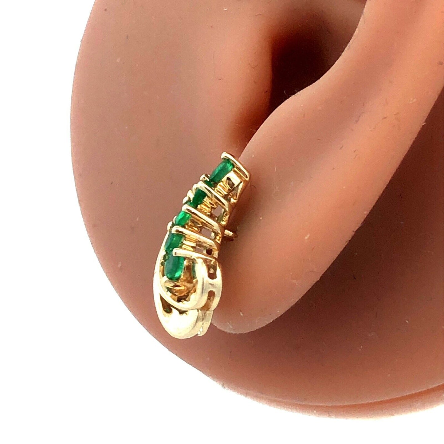 14K Yellow Gold Designer CET Round Green Emerald Leaf Statement Stud Earrings