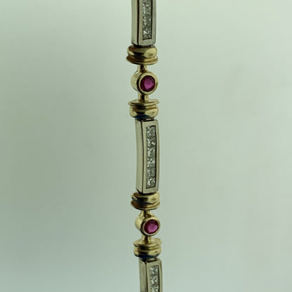 14K White Yellow Gold Diamond Ruby Station Two Toned Statement Tennis Bracelet