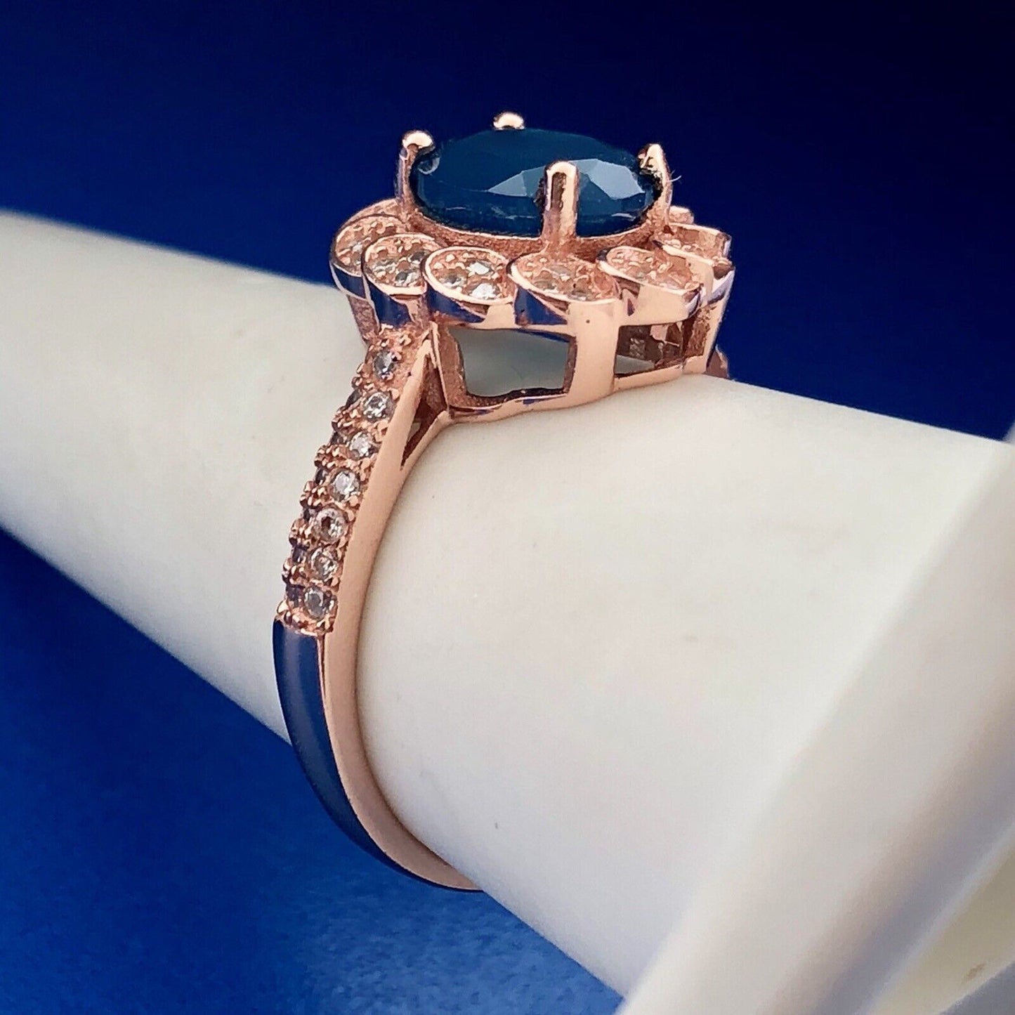 Strawberry Toned 925 Sterling Silver Oval Blue Cubic Zirconia White CZ Halo Ring