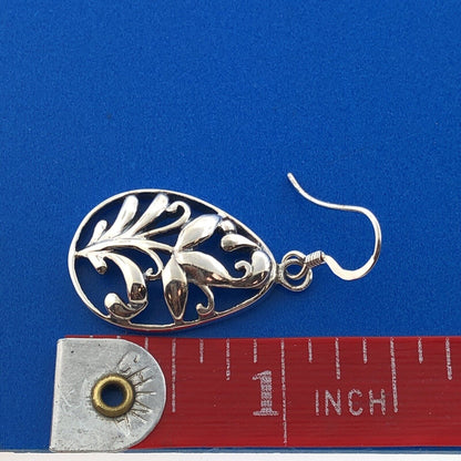 Stunning Sterling Silver 925 Oval Openwork Floral Sprout Dangle Hook Earrings