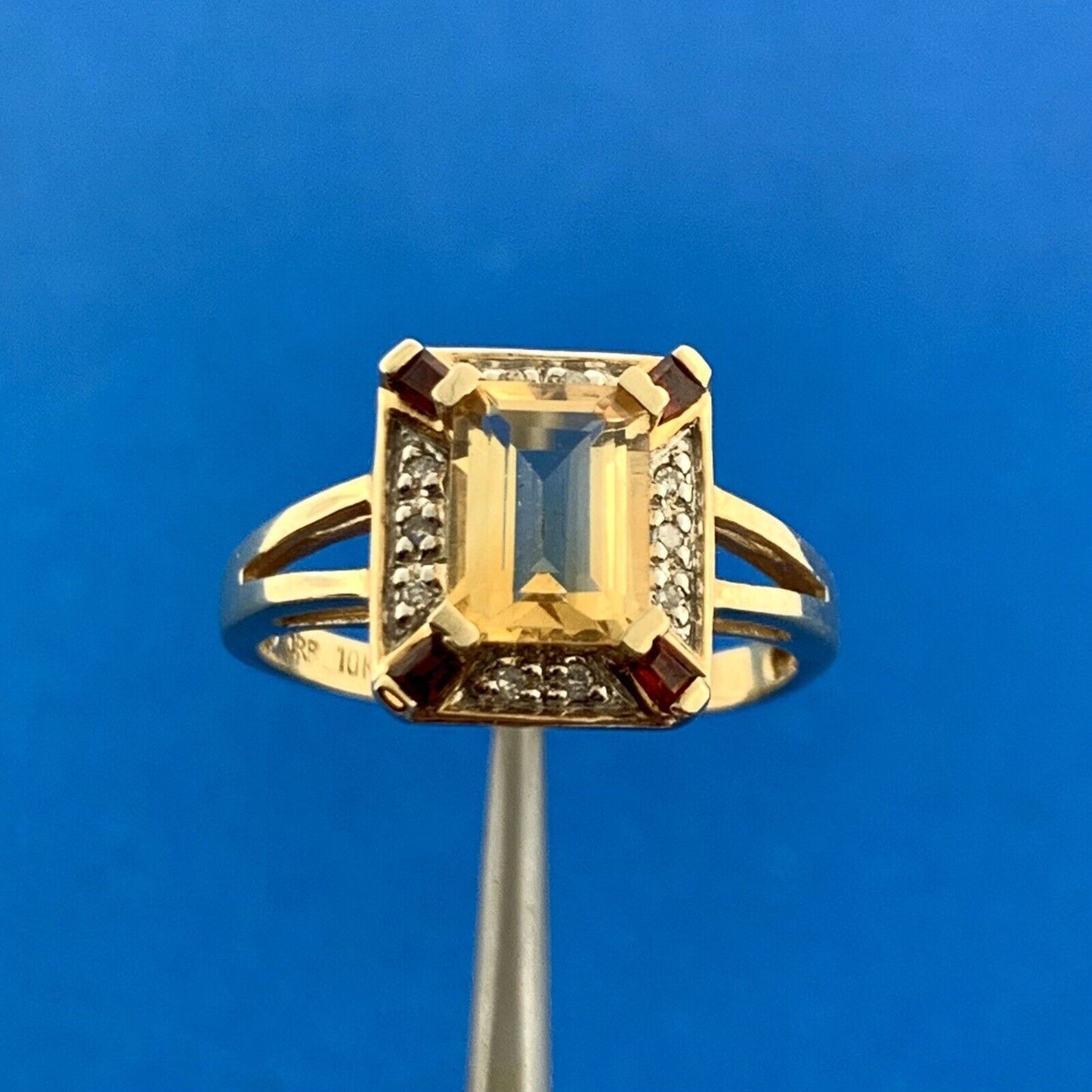 Designer 10K Yellow Gold Citrine Garnet Diamond November Anniversary Ring