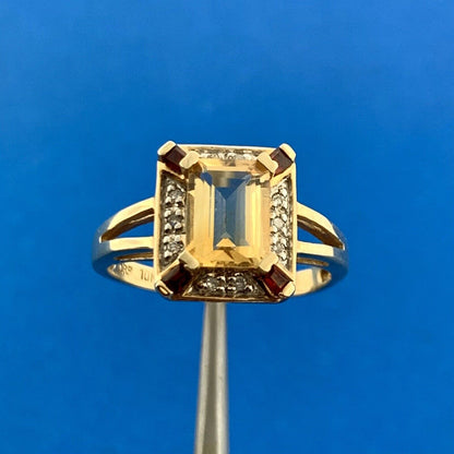 Designer 10K Yellow Gold Citrine Garnet Diamond November Anniversary Ring