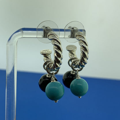 Silpada Sterling Silver 925 Turquoise Black Onyx Ribbed Cable Half Hoop Earrings