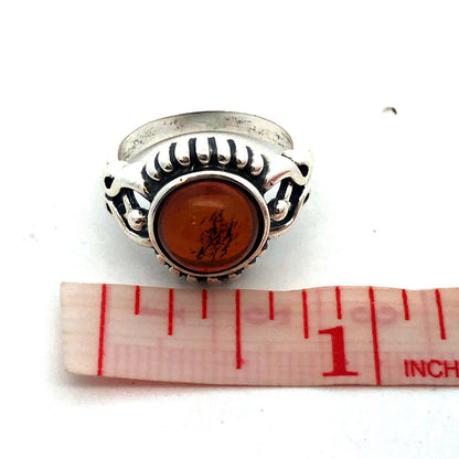 925 Sterling Silver Vintage V-8 Round Cabochon Orange Amber Cocktail Ring