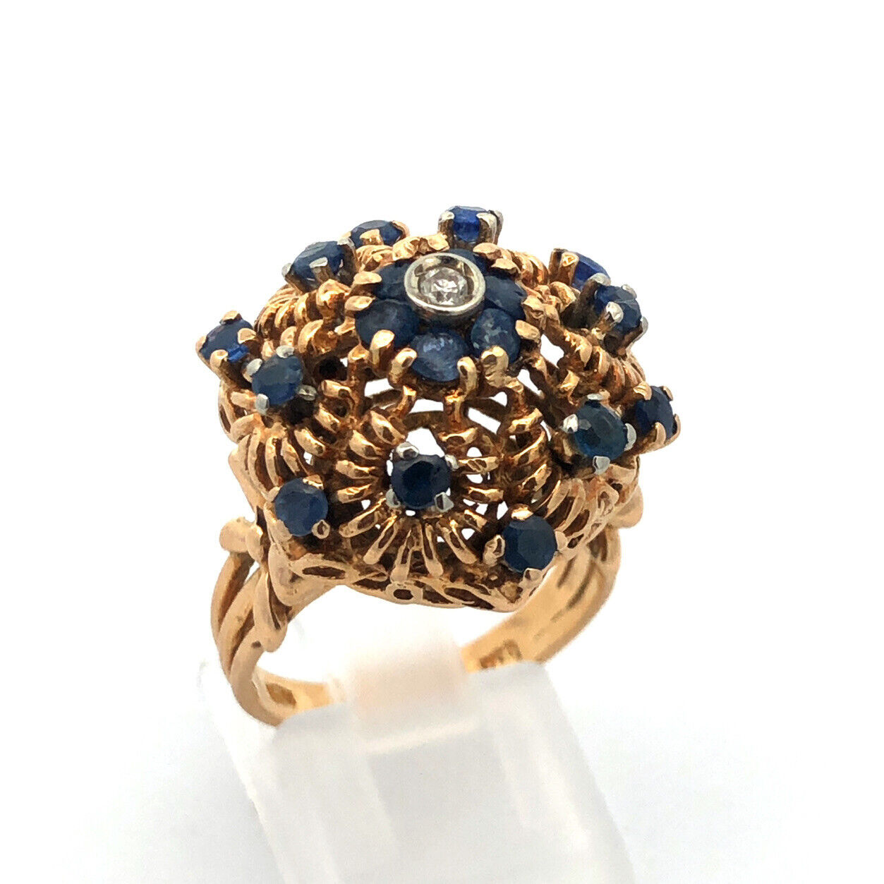 Vintage 18K Yellow Gold Sapphire Diamond Empire Tower Statement Cocktail Ring