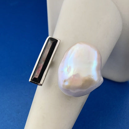 Retro Modernist 925 Sterling Silver Freshwater Pearl Hematite Adjustable Ring