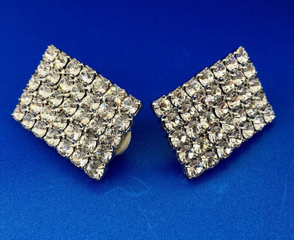Glitzy Glamorous Silver Tone Crystal Rhinestone Statement Clip On Earrings