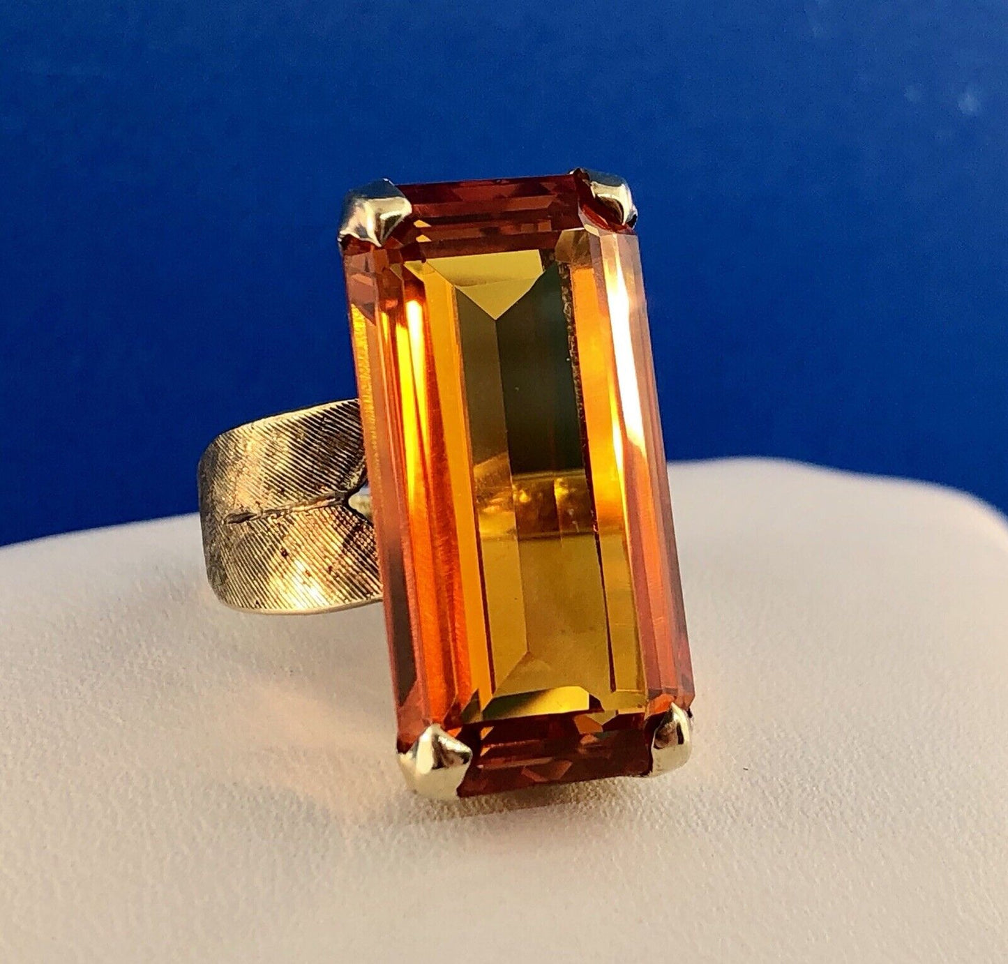 Art Deco Esemco 10K Yellow Gold Orange Sapphire Statement Cocktail Ring