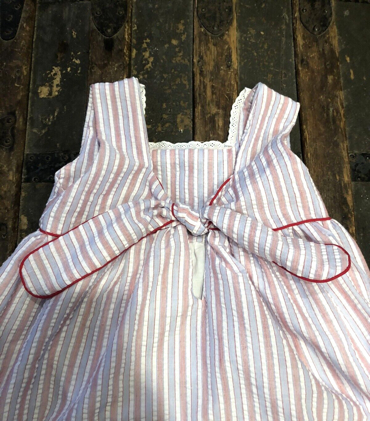 The Oaks Apparel Company Red White Blue Seersucker Girls Size 7 Lined Sundress