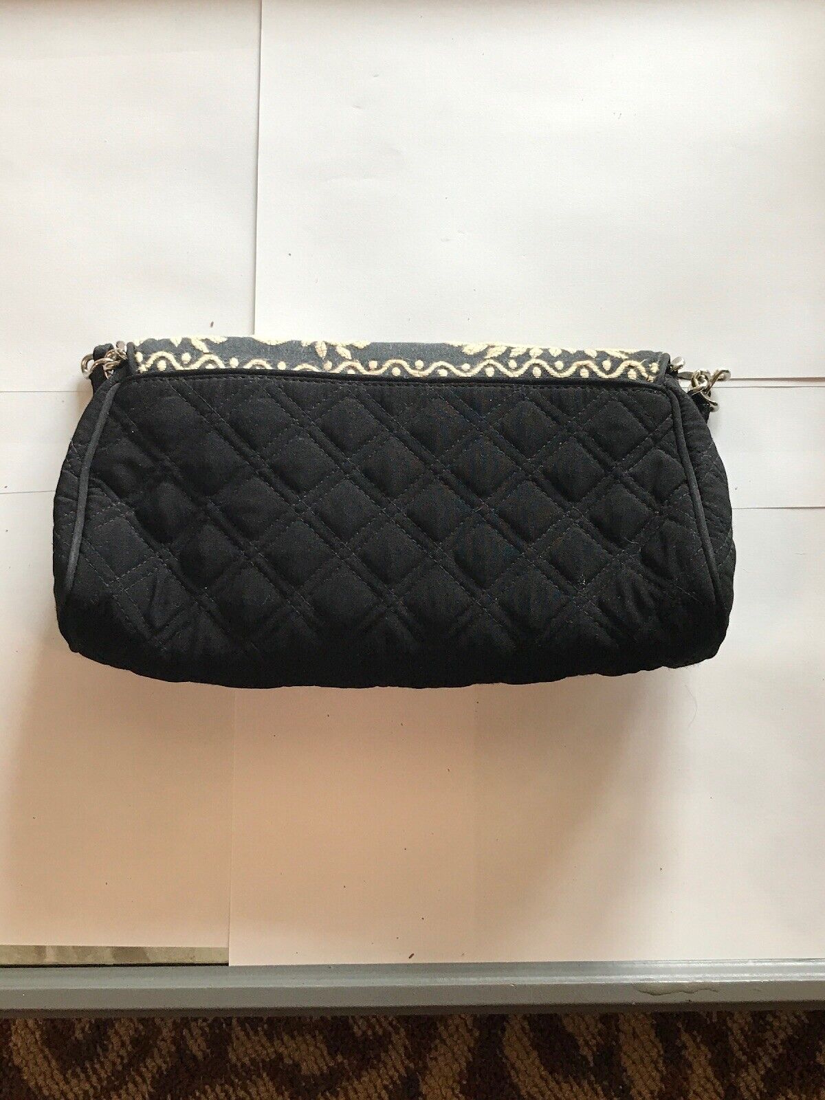 Vera Bradley Black Quilted Microfiber White Embroidered Clutch With Straps