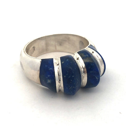 Estate 950 Fine Silver Lapis-Lazuli Modernist Ribbed Dome Size 7.5 Ring