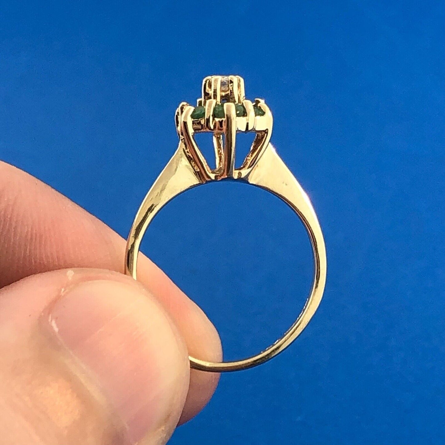Vintage 14K Yellow Gold Designer Emerald Diamond Cluster May Anniversary Ring