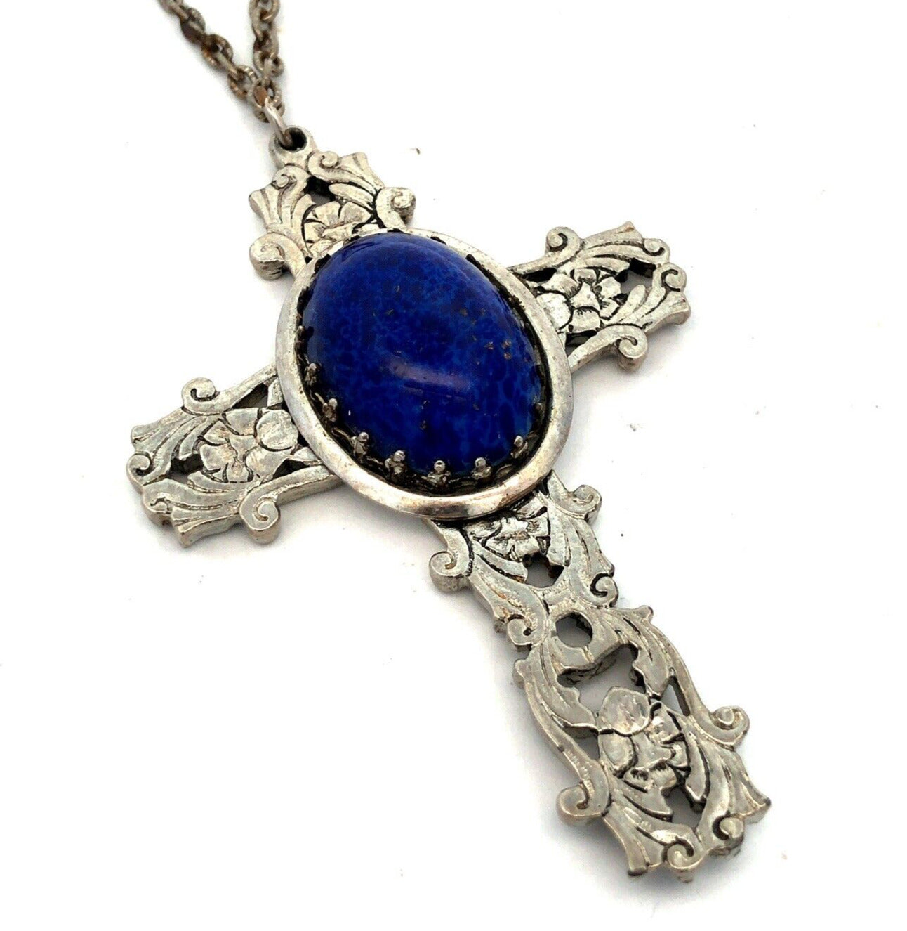 Vintage Silver Tone Lapis Lazuli Floral Scroll Dramatic Statement Cross Necklace