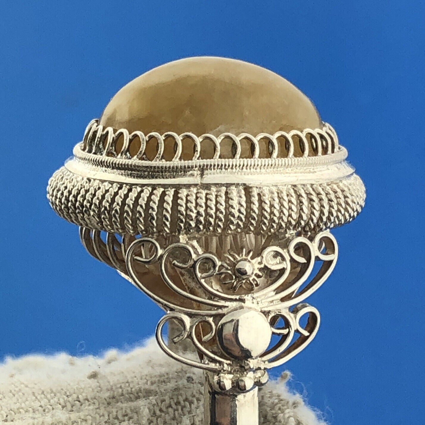Stunning 980 Fine Silver Large Cabochon Lemon Agate Statement Ring Size 6.5