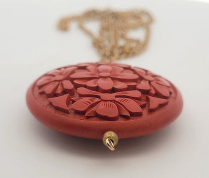 Vintage Gold Tone Carved Red Resin Faux Cinnabar Necklace Earrings 3 Piece Set