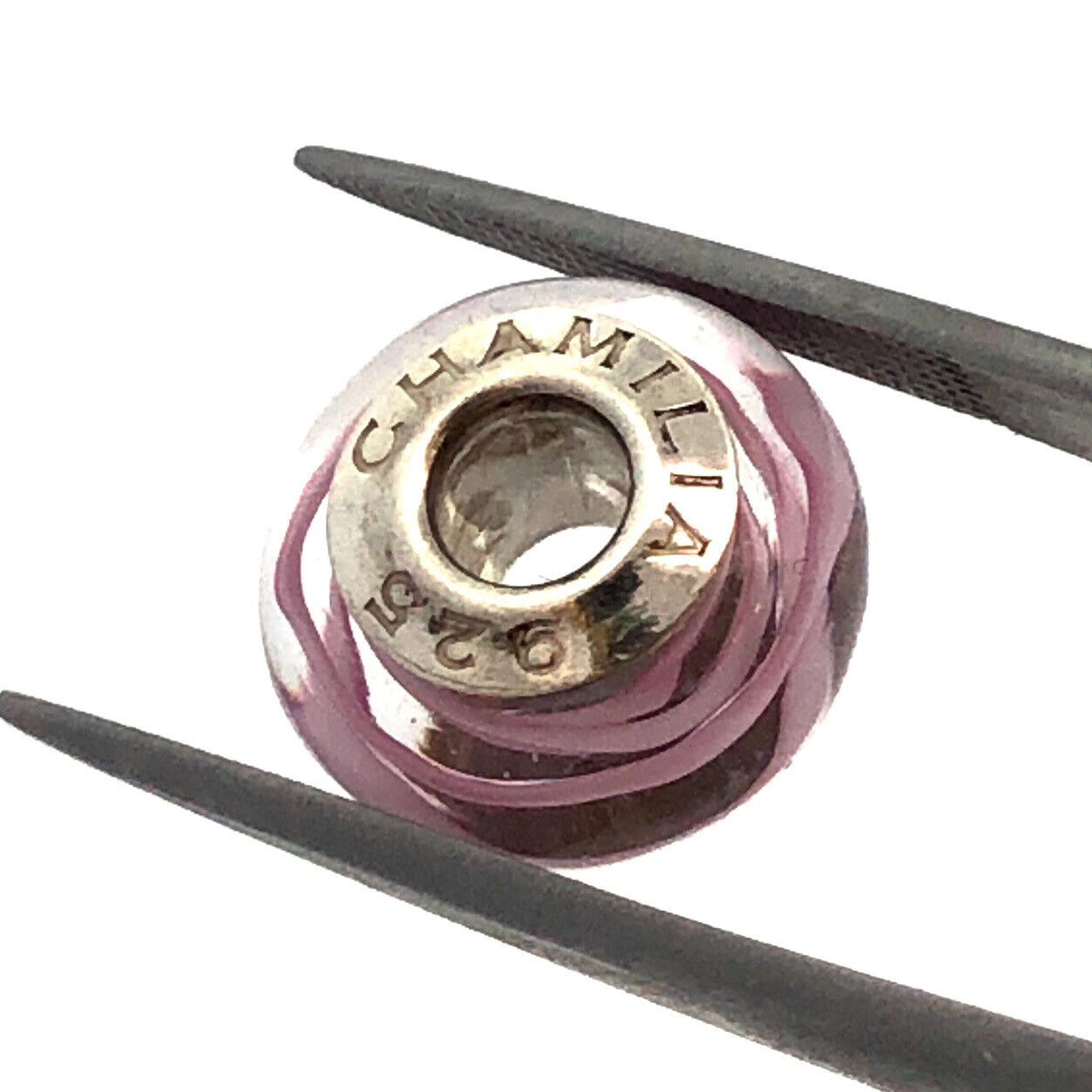 Designer Chamilia Sterling Silver Pink Swirl Murano Glass Slide Bracelet Charm