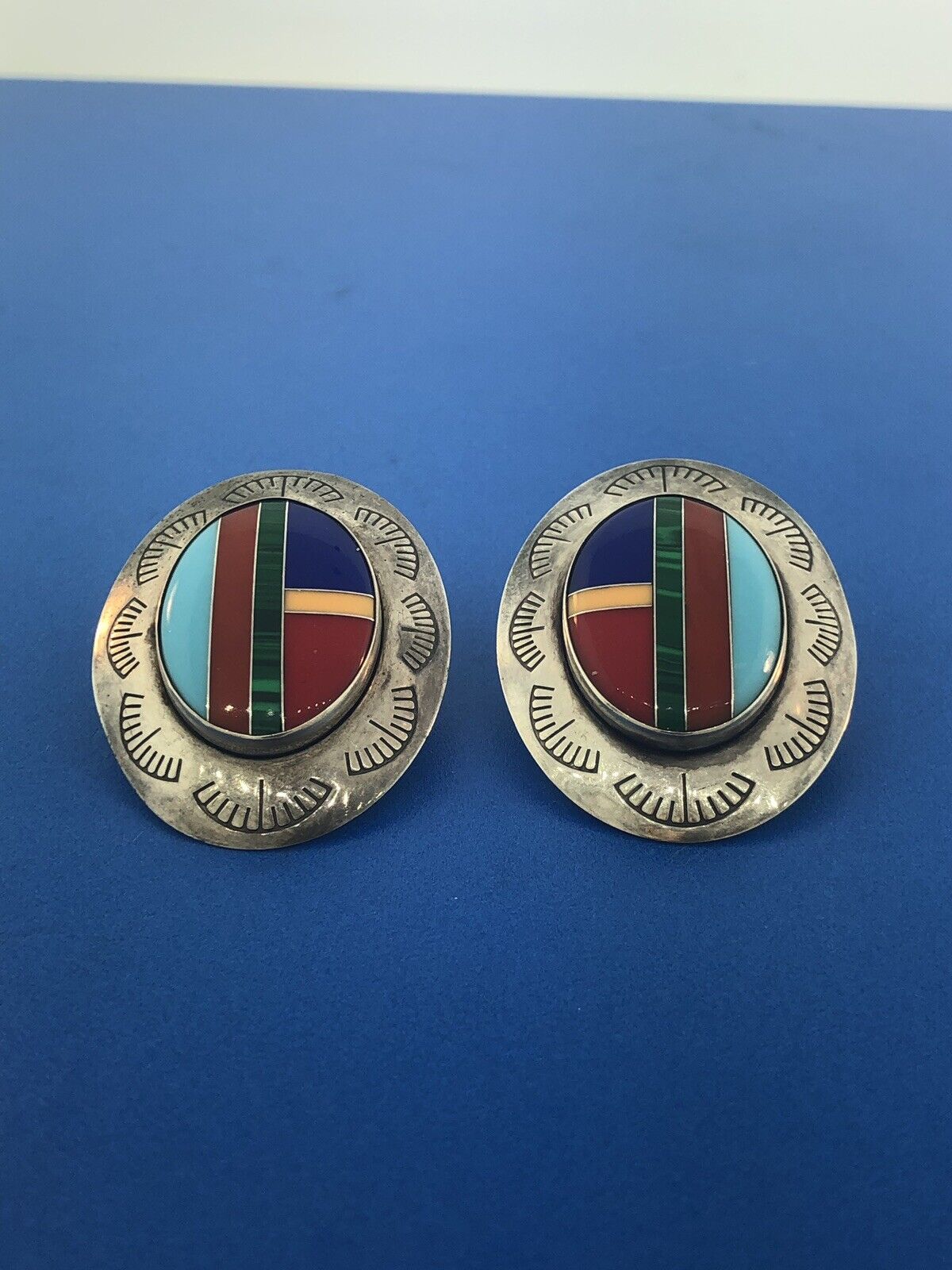 Native American Artisan Sterling Silver Turquoise MultiGem Inlay Concho Earrings