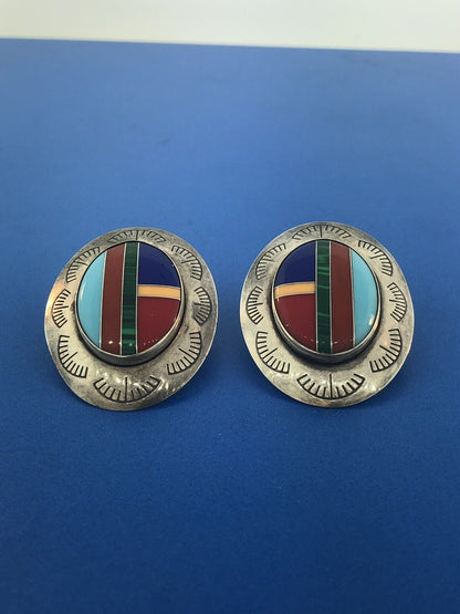 Native American Artisan Sterling Silver Turquoise MultiGem Inlay Concho Earrings